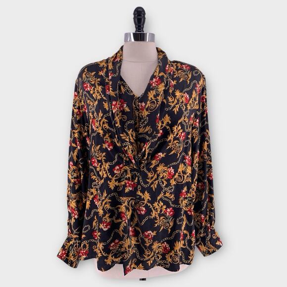 Vintage Silk Blouse Black Gold Key Baroque Chain Floral Print Top Saks 12 - Picture 14 of 14